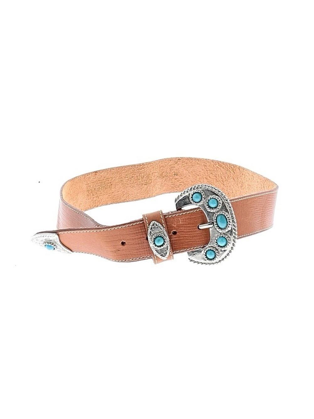 VTG Forenza Brown Leather Western Belt Silver Hardware Turquoise Bead M